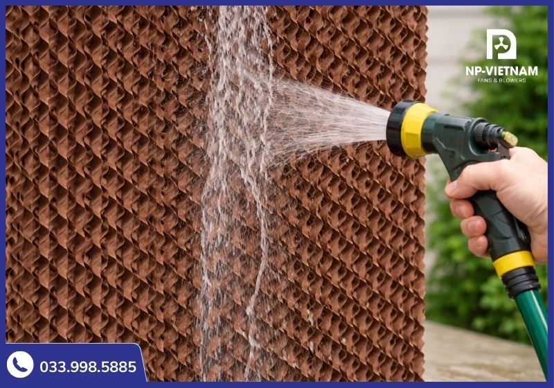 Kỹ thuật xịt rửa tấm làm mát Cooling Pad đúng cách để không làm hỏng cấu trúc giấy.