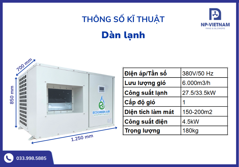 Thông số kích thước và công suất hoạt động của dàn lạnh