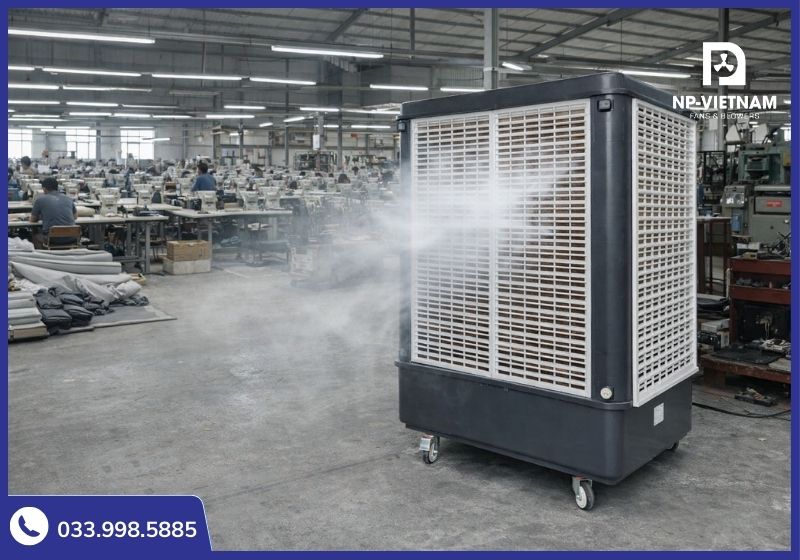 Giải pháp lắp đặt quạt hơi nước công nghiệp lớn QB-23 giúp hạ nhiệt nhanh chóng cho xưởng may diện tích 250m2