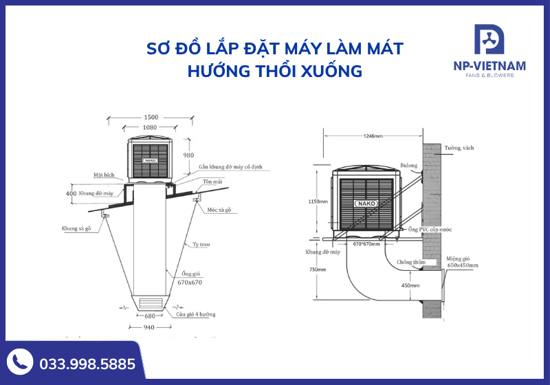 Sơ đồ lắp đặt máy làm mát hướng thổi xuống