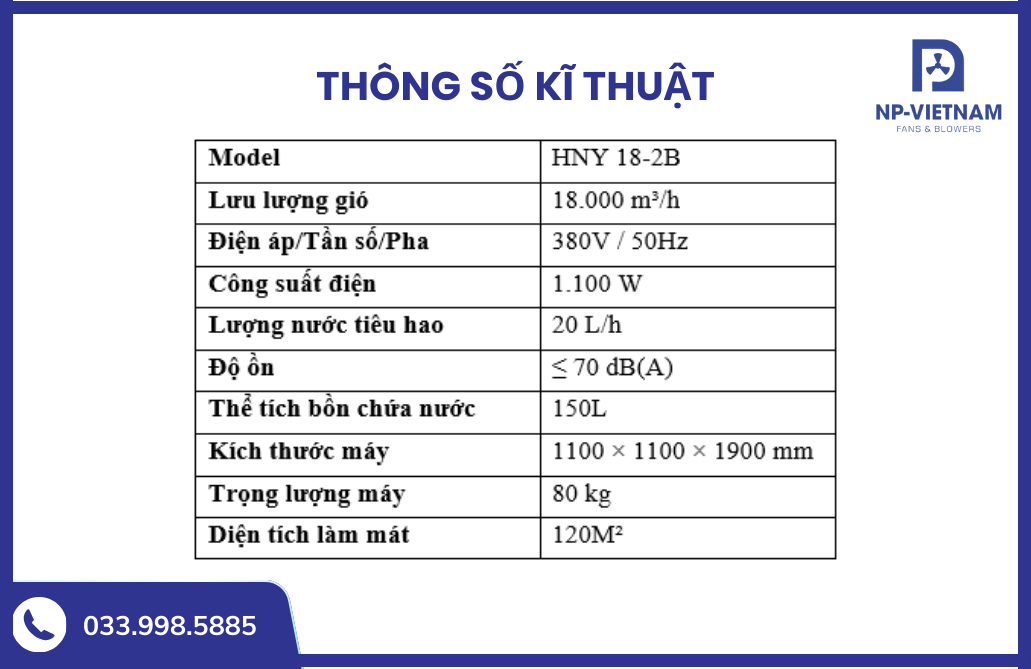 Thông số kĩ thuật chi tiết máy làm mát công nghiệp di động HNY 18-2B