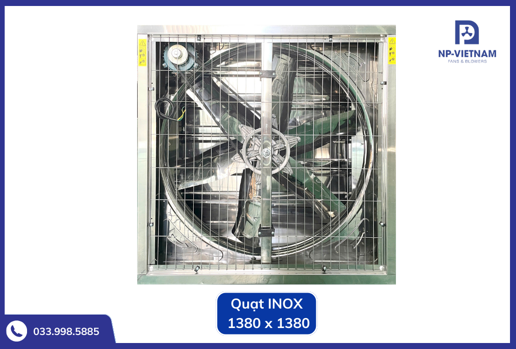 Quạt công nghiệp 1380x1380 với thiết kế khung và chớp inox