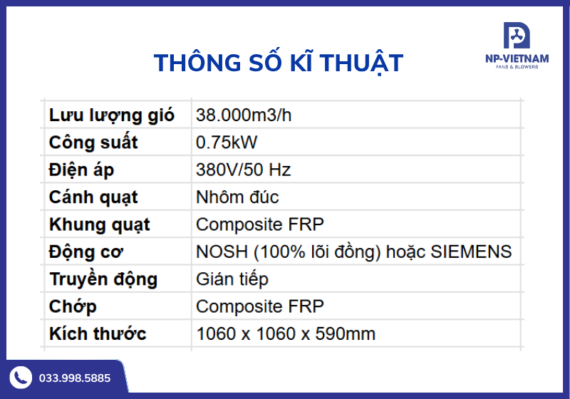Bảng thông số kĩ thuật chi tiết quạt hút composite cánh nhôm đúc NAKO 1260