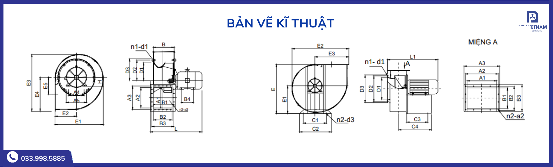 Bản vẽ kĩ thuật quạt hút ly tâm trung áp 4-7A