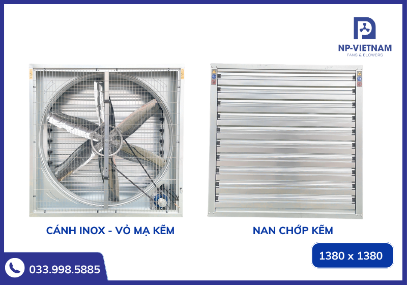 Mặt trước và mặt sau của quạt thông gió vuông 1380x1380 vỏ kẽm, chớp kẽm