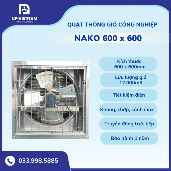 Quạt thông gió công nghiệp vuông NAKO 600x600 full Inox