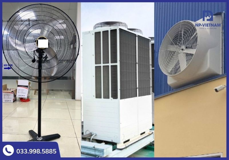 So sánh trực quan kích thước và công suất dự kiến của quạt thông gió, điều hòa và quạt làm mát thông thường.