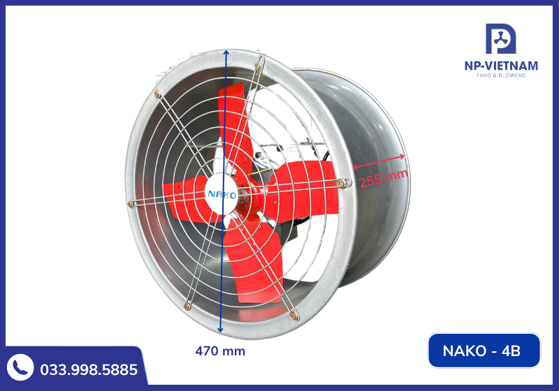 Thông số kích thước chi tiết của quạt thông gió tròn công nghiệp 4B NAKO