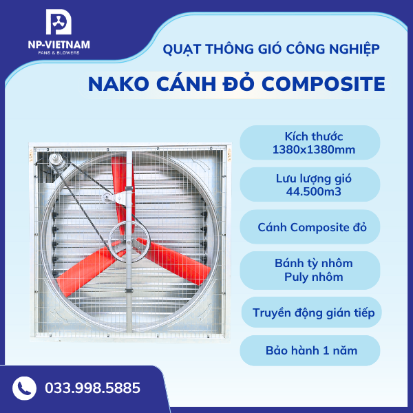 Quạt thông gió công nghiệp cánh composite đỏ NAKO 1380x1380
