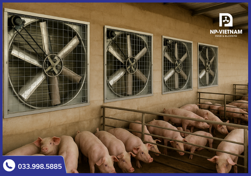 Quạt thông gió 1100x1100 được ứng dụng trong thông gió làm mát trang trại heo
