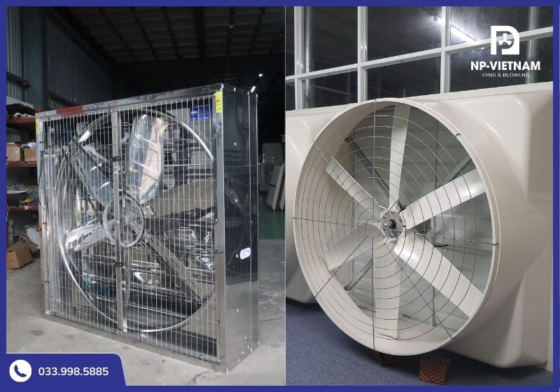 So sánh quạt thông gió chuồng trại Inox và Composite NAKO về lưu lượng và độ bền.