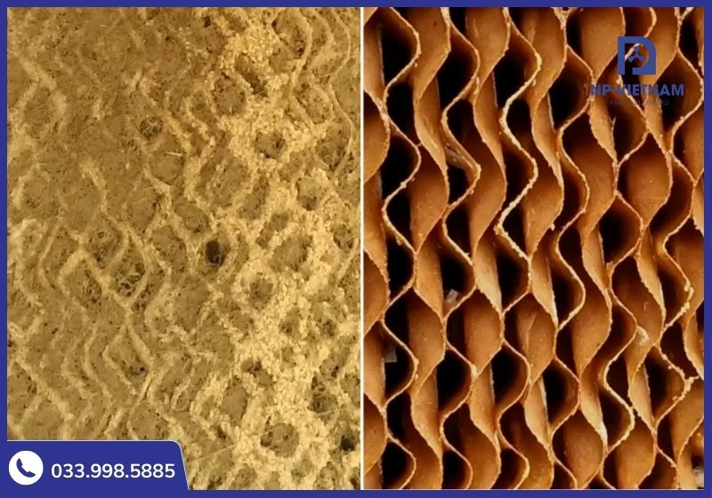 So sánh tấm làm mát Cooling Pad bị tắc nghẽn do bụi bẩn (trái) và tấm mới sạch sẽ (phải).